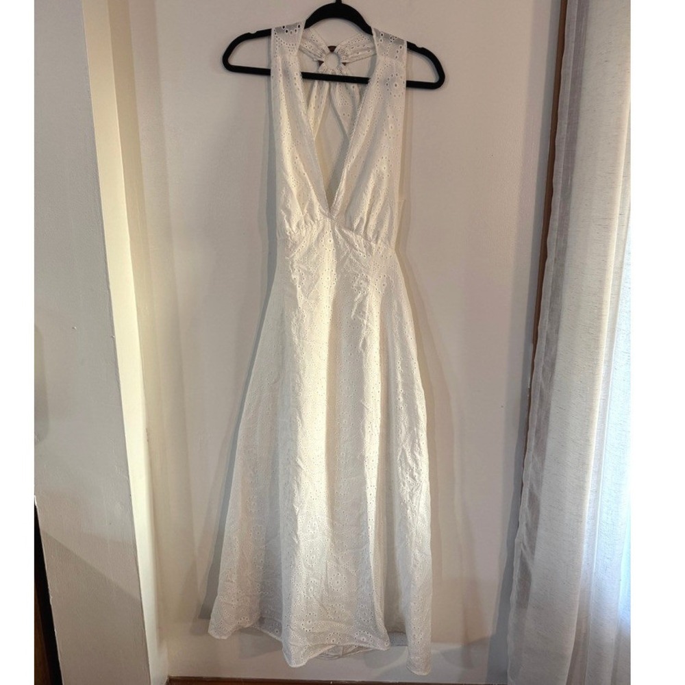 NWT Zara Embroidered Eyelet Halter Midi Dress L White Open Back Boho 2869/935